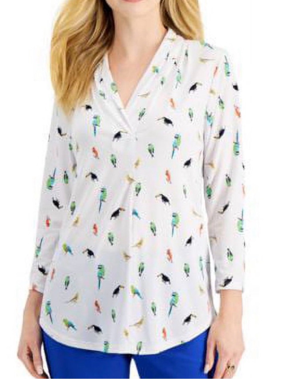 NWT Charter Club Womens Printed Pleat Neck Top with whimsical Bird Print - XL
